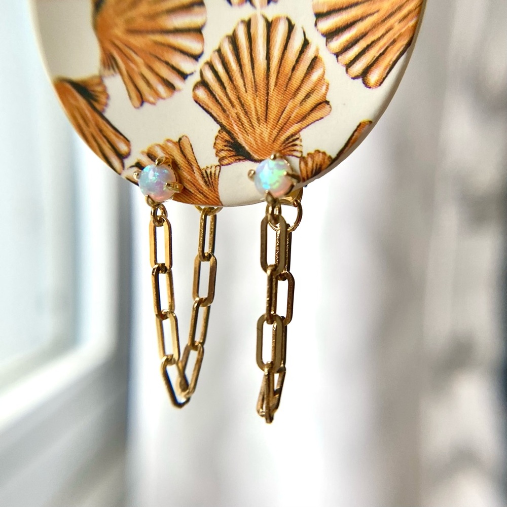 NWT Anthropologie TAI Chain Link Drop Earrings Gold Opal Stone - Picture 2 of 16